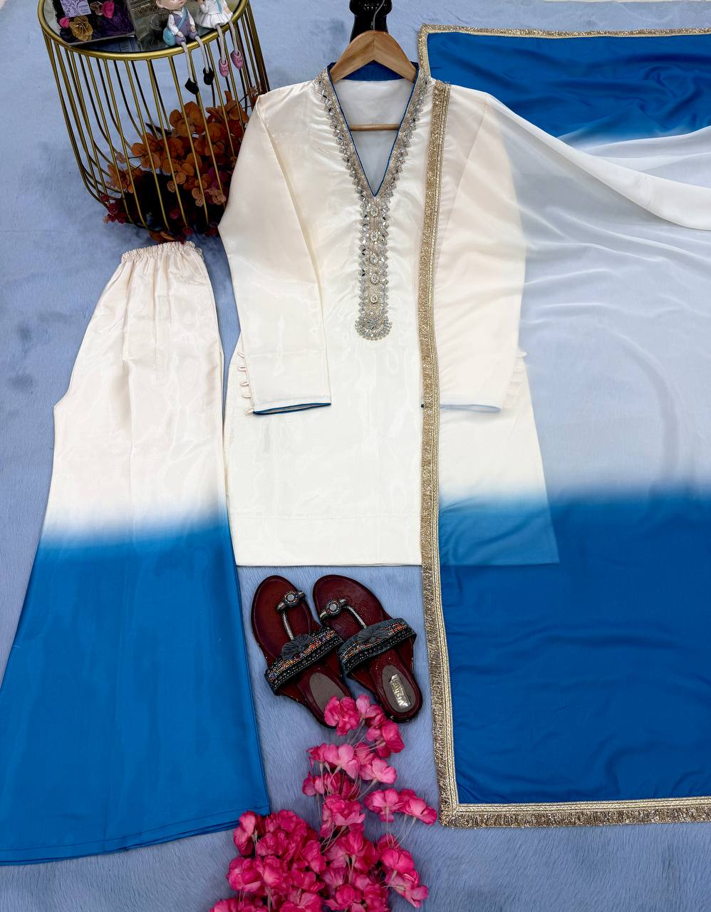 Shining Blue Color Real Mirror Handwork Palazzo Suit With Dupatta