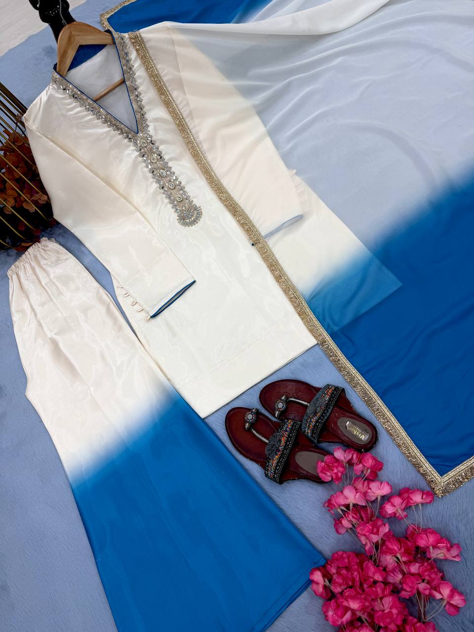Shining Blue Color Real Mirror Handwork Palazzo Suit With Dupatta