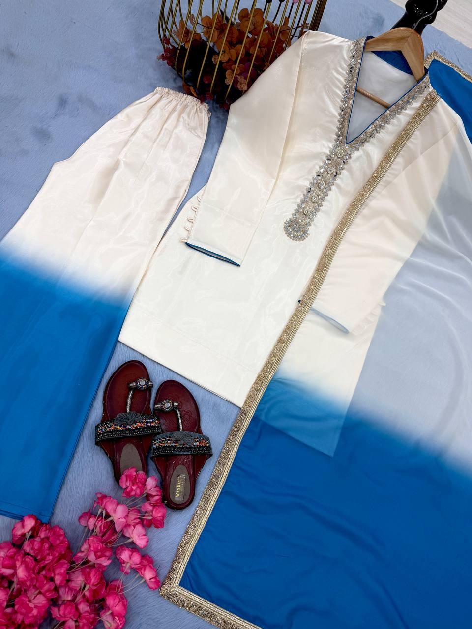 Shining Blue Color Real Mirror Handwork Palazzo Suit With Dupatta