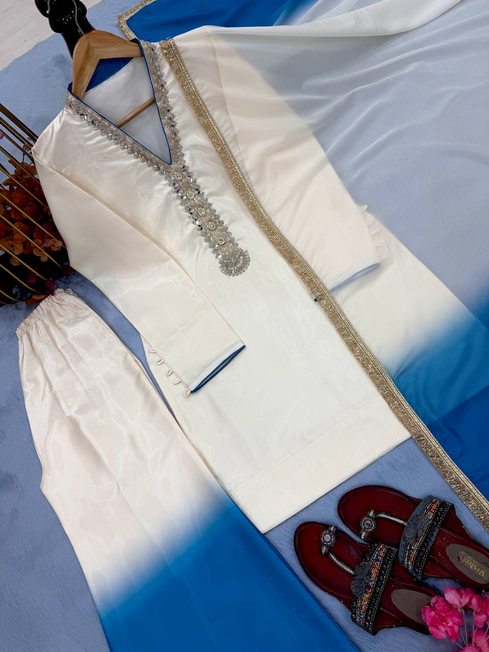 Shining Blue Color Real Mirror Handwork Palazzo Suit With Dupatta