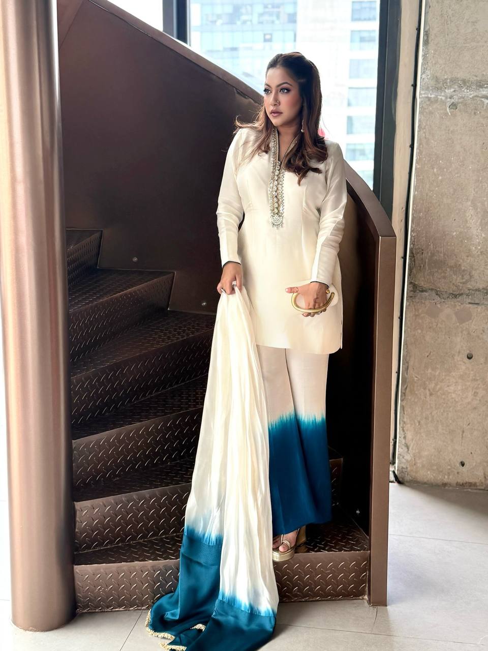 Shining Blue Color Real Mirror Handwork Palazzo Suit With Dupatta