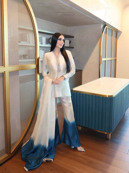 Shining Blue Color Real Mirror Handwork Palazzo Suit With Dupatta