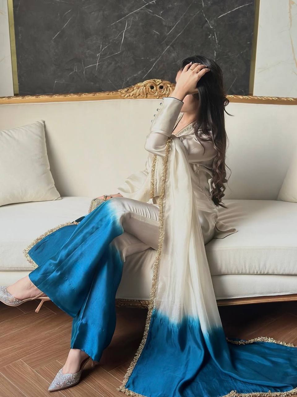 Shining Blue Color Real Mirror Handwork Palazzo Suit With Dupatta