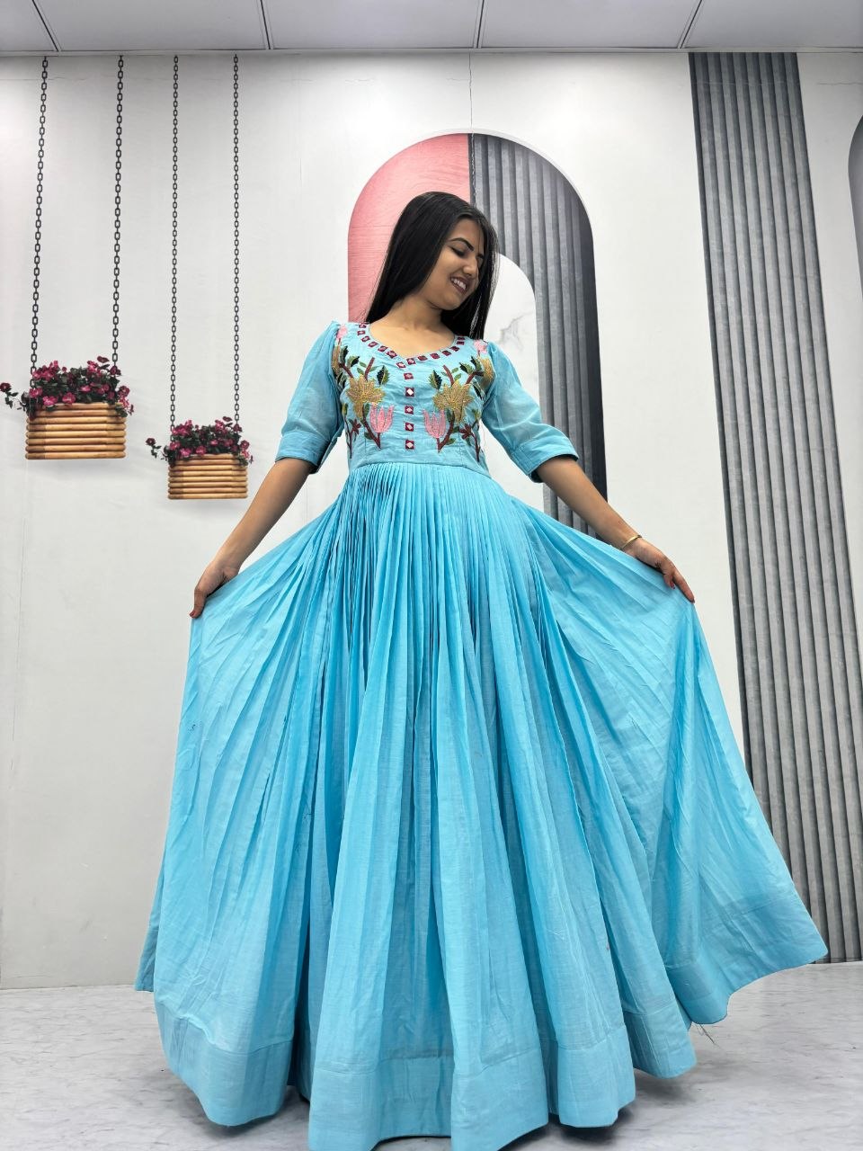 Fabulous Sky Blue Color Embroidered Hand Mirror Work Gown