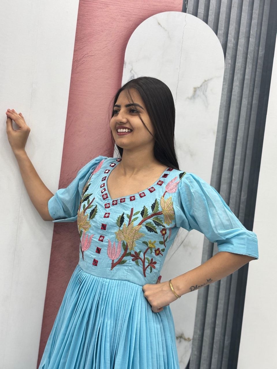 Fabulous Sky Blue Color Embroidered Hand Mirror Work Gown