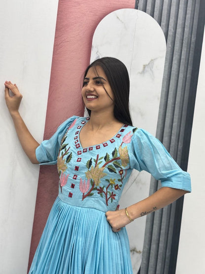 Fabulous Sky Blue Color Embroidered Hand Mirror Work Gown