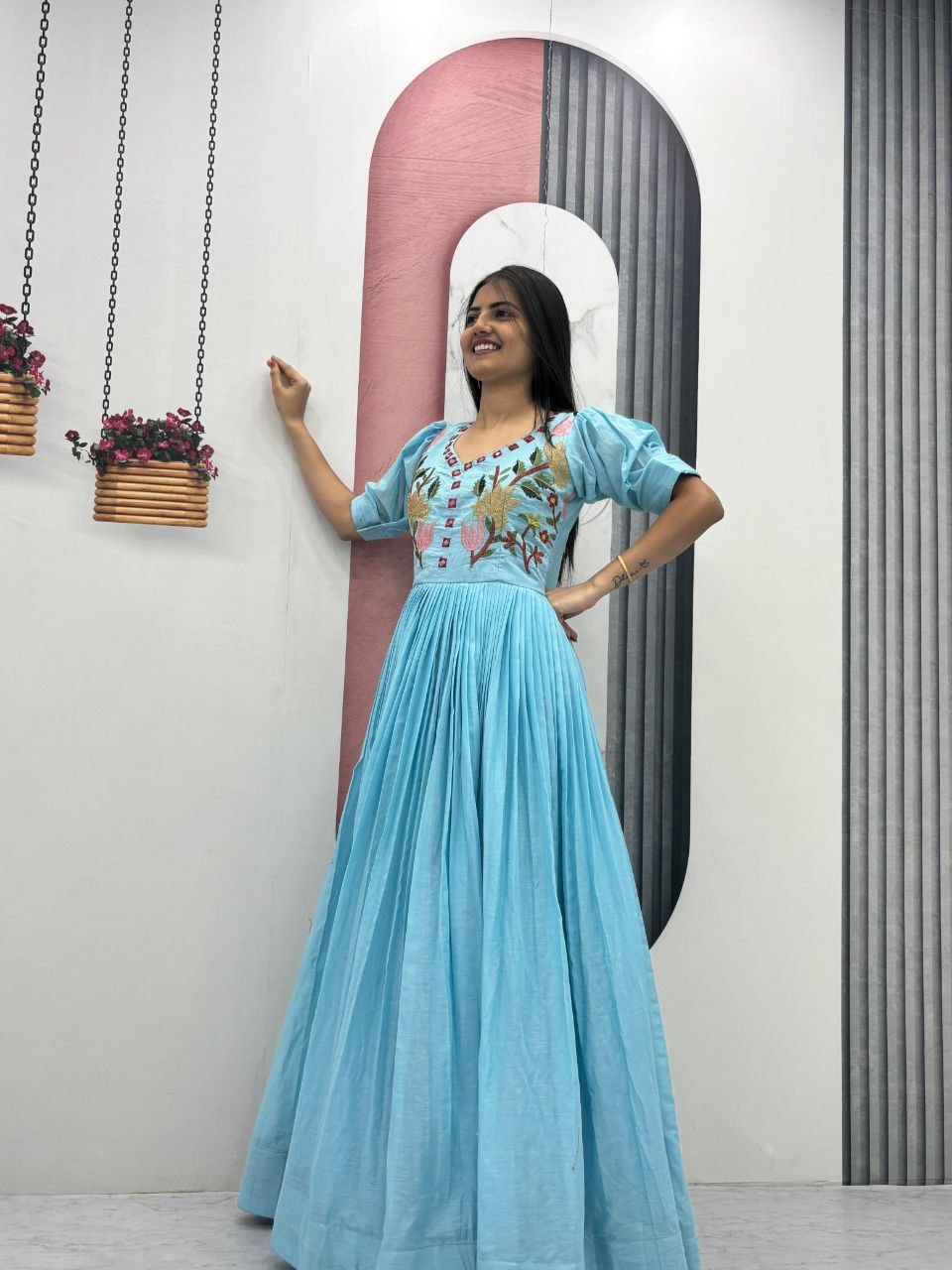 Fabulous Sky Blue Color Embroidered Hand Mirror Work Gown