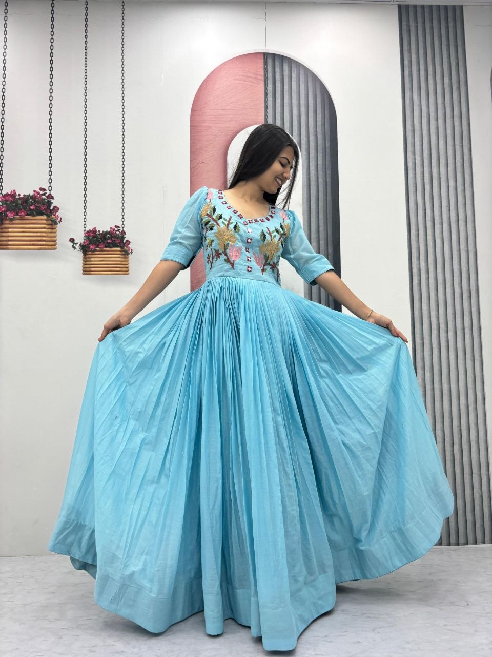 Fabulous Sky Blue Color Embroidered Hand Mirror Work Gown