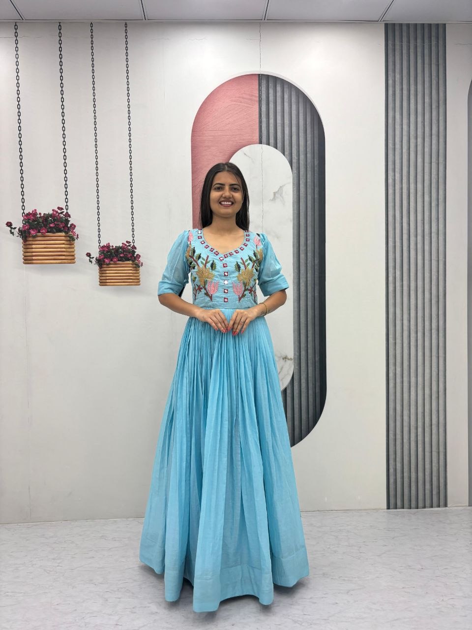 Fabulous Sky Blue Color Embroidered Hand Mirror Work Gown