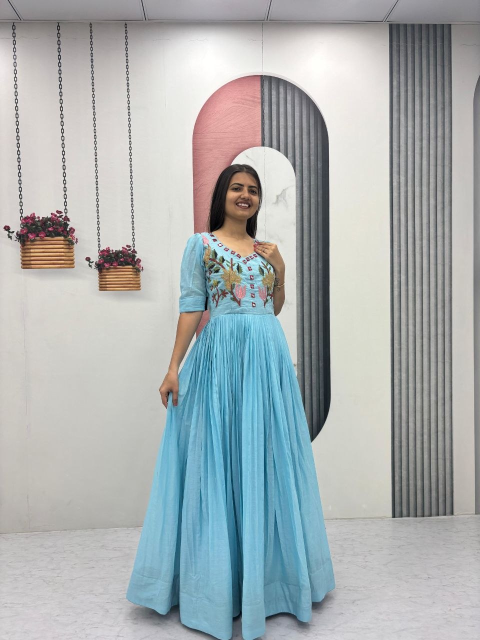 Fabulous Sky Blue Color Embroidered Hand Mirror Work Gown