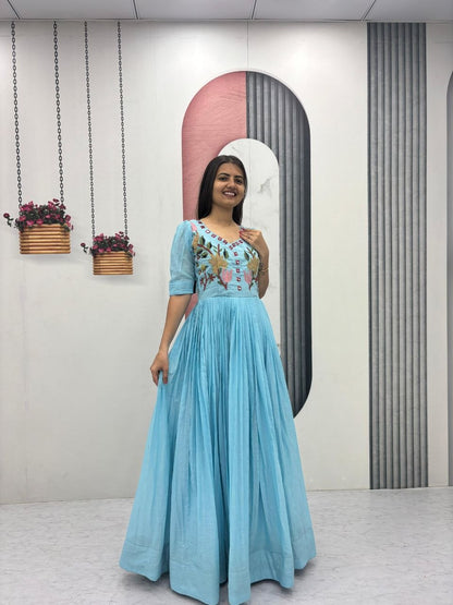 Fabulous Sky Blue Color Embroidered Hand Mirror Work Gown