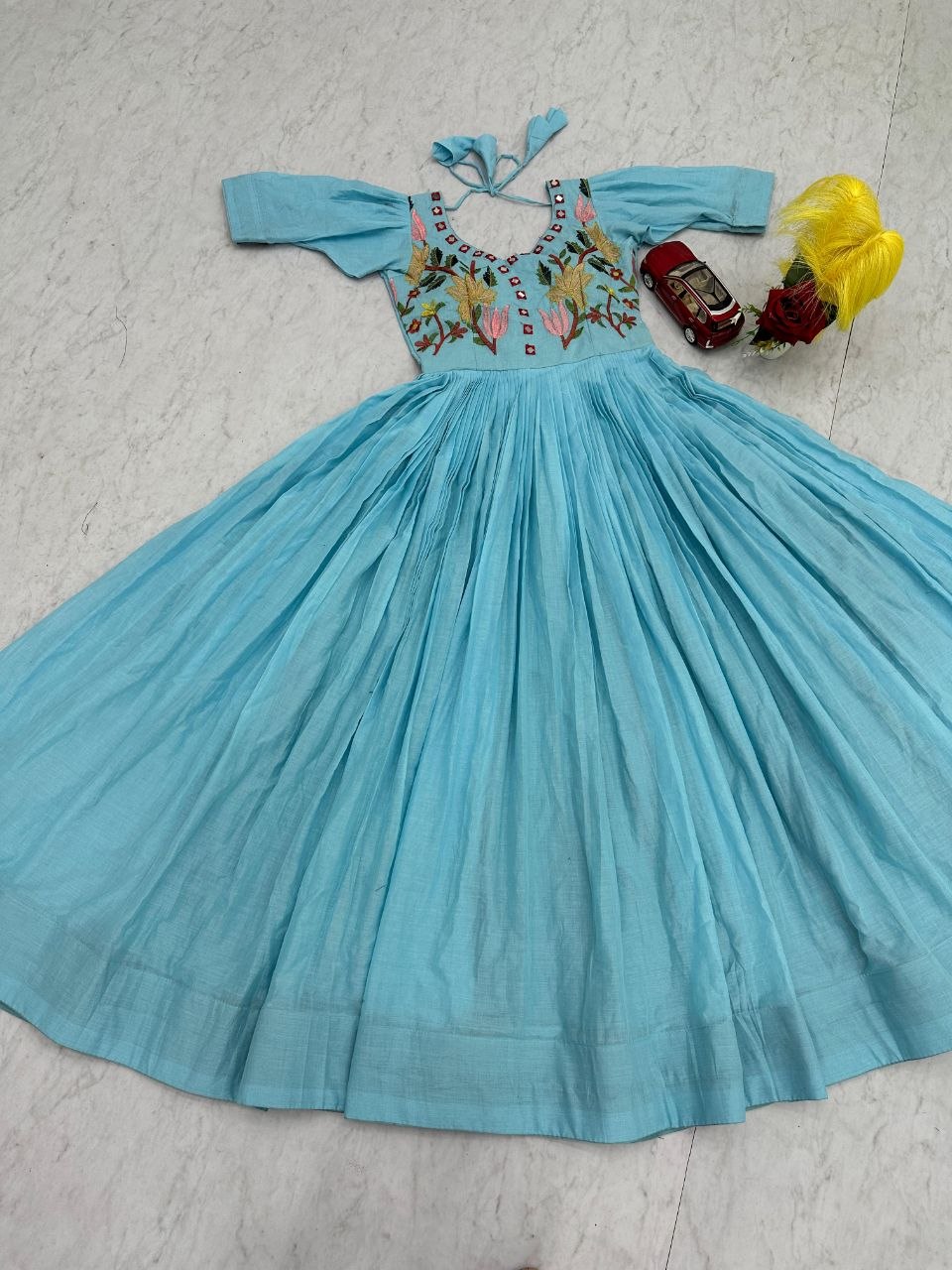 Fabulous Sky Blue Color Embroidered Hand Mirror Work Gown