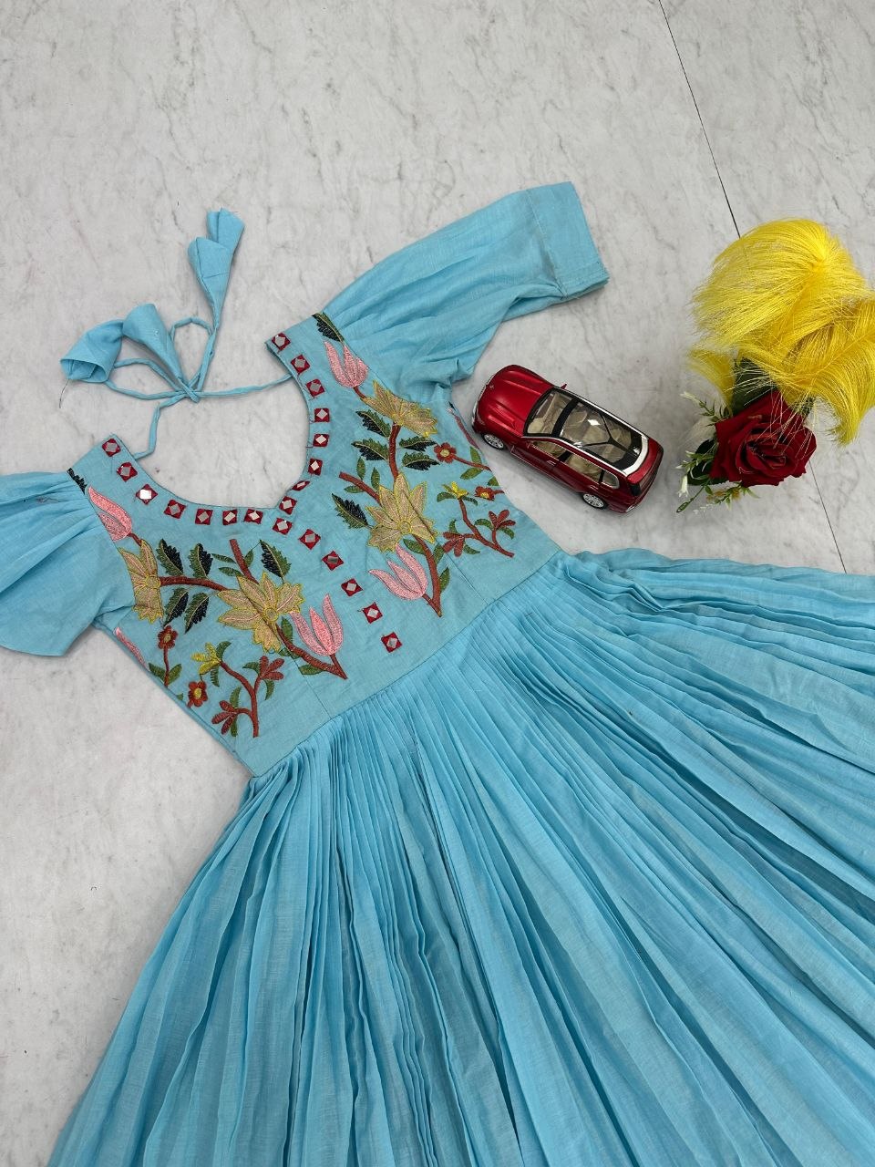 Fabulous Sky Blue Color Embroidered Hand Mirror Work Gown
