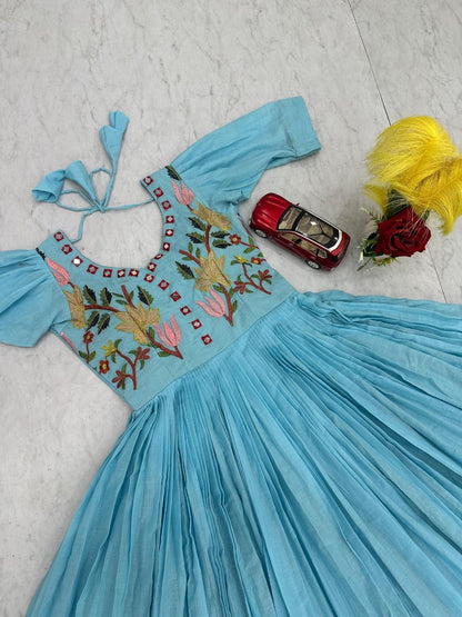 Fabulous Sky Blue Color Embroidered Hand Mirror Work Gown