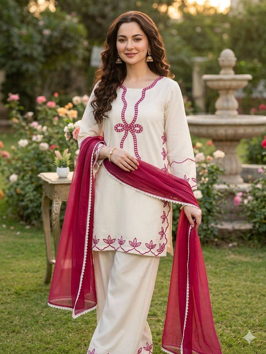 Pretty White Color Embroidered Pakistani Palazzo Suit With Dupatta