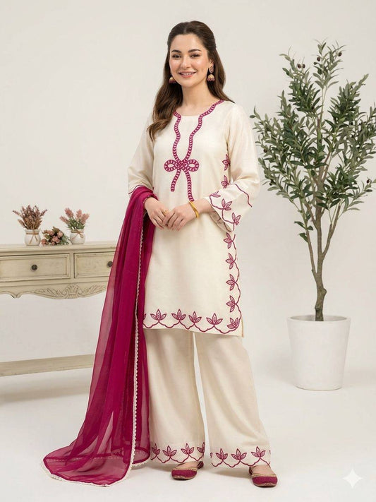 Pretty White Color Embroidered Pakistani Palazzo Suit With Dupatta