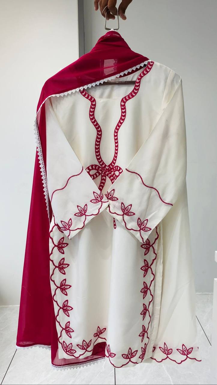 Pretty White Color Embroidered Pakistani Palazzo Suit With Dupatta