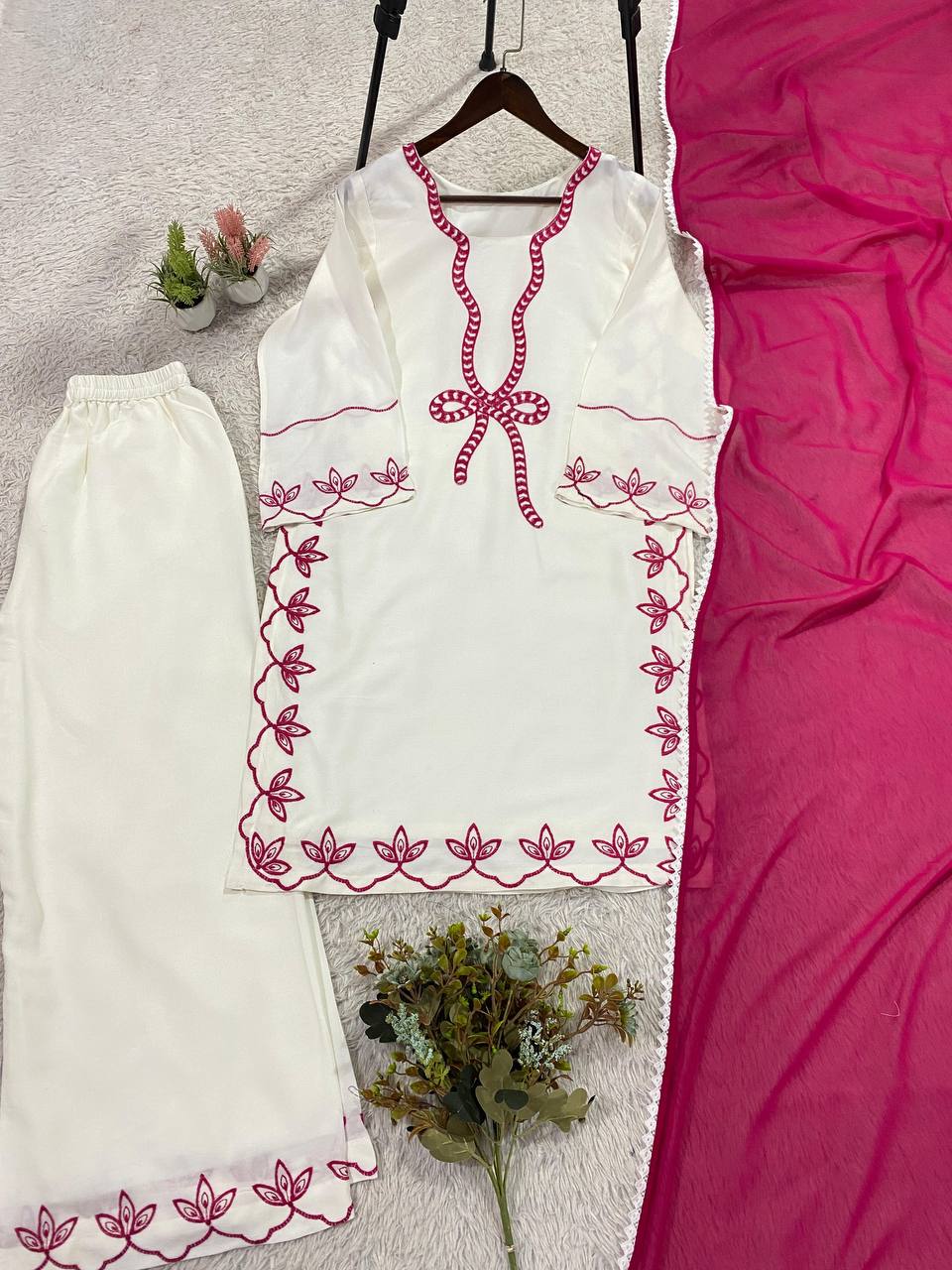 Pretty White Color Embroidered Pakistani Palazzo Suit With Dupatta