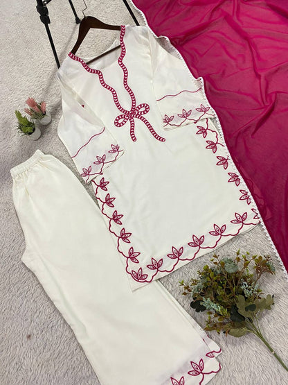 Pretty White Color Embroidered Pakistani Palazzo Suit With Dupatta