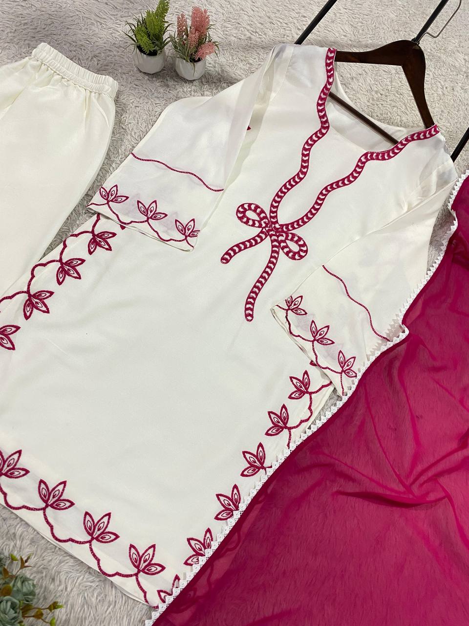 Pretty White Color Embroidered Pakistani Palazzo Suit With Dupatta