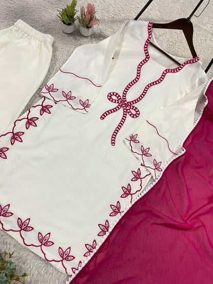 Pretty White Color Embroidered Pakistani Palazzo Suit With Dupatta