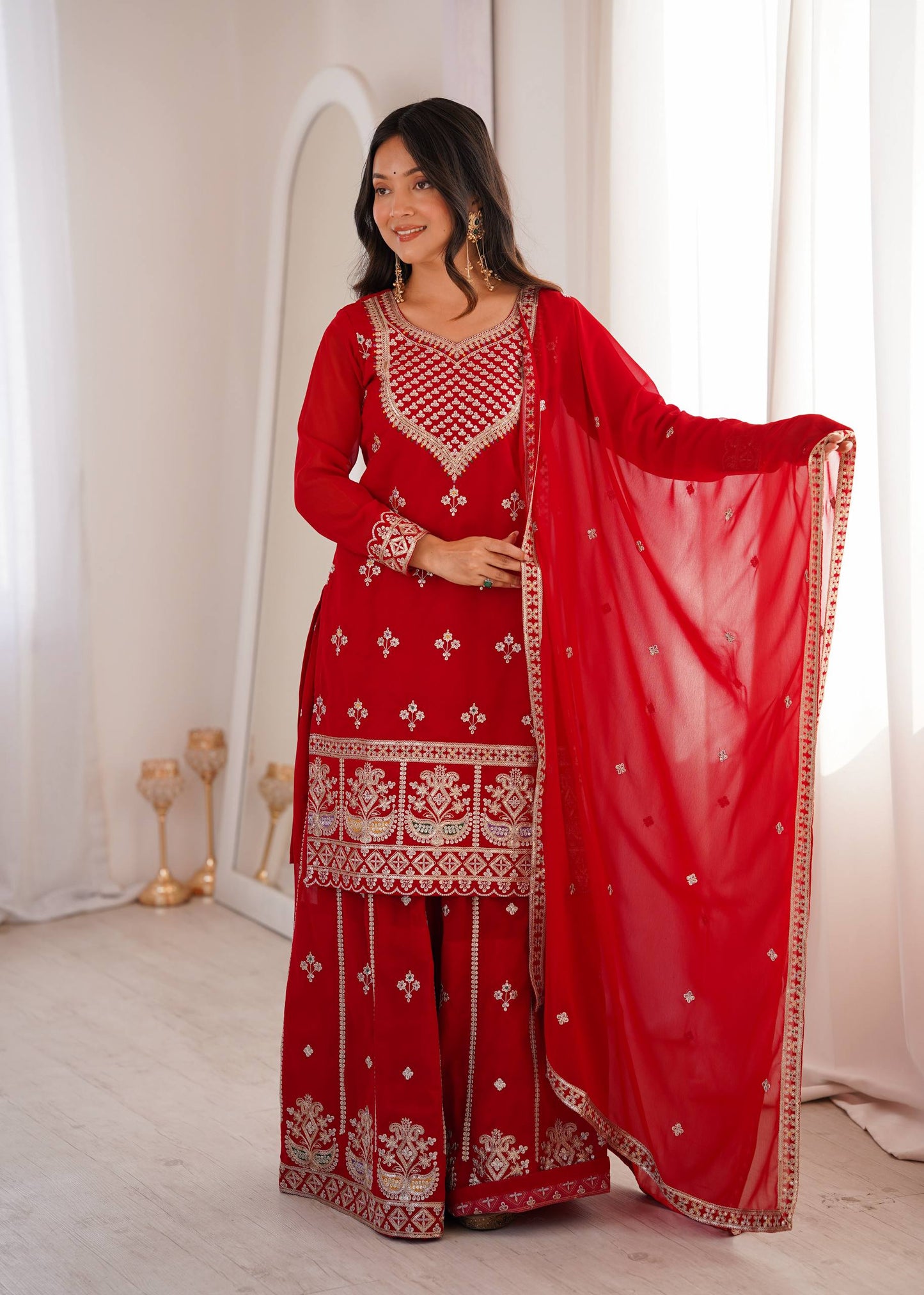 Arti Chauhan Wear Red Color Sequence Embroidered Sharara Suit With Dupatta
