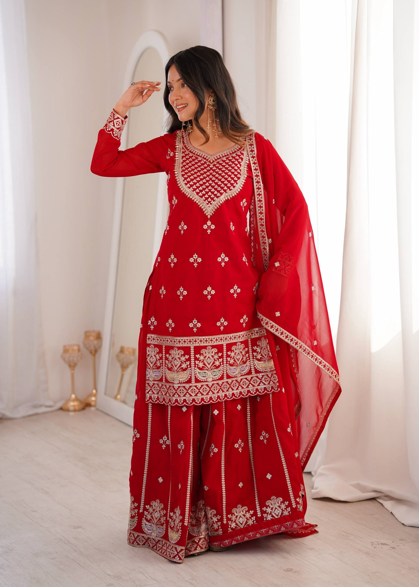 Arti Chauhan Wear Red Color Sequence Embroidered Sharara Suit With Dupatta