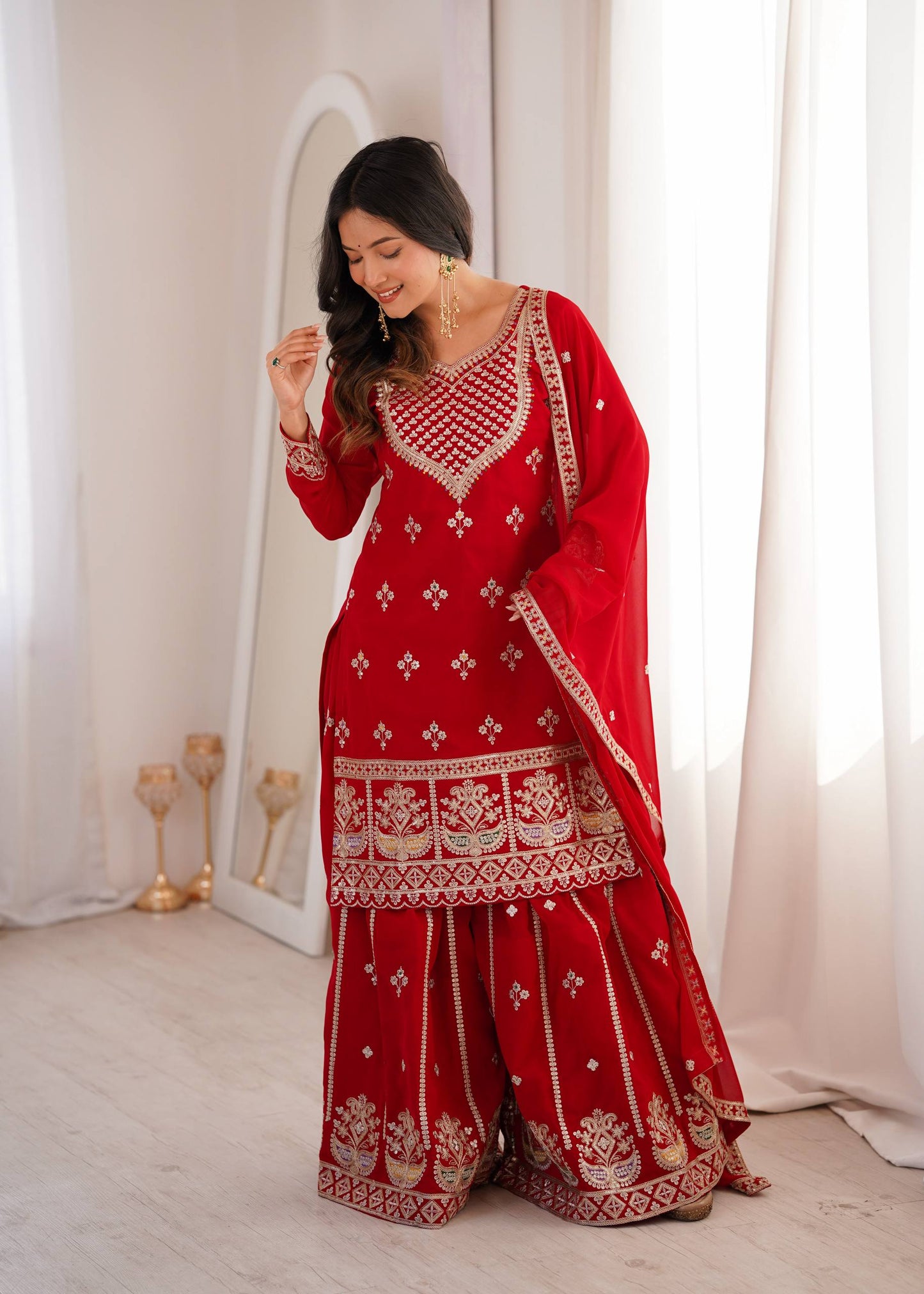Arti Chauhan Wear Red Color Sequence Embroidered Sharara Suit With Dupatta