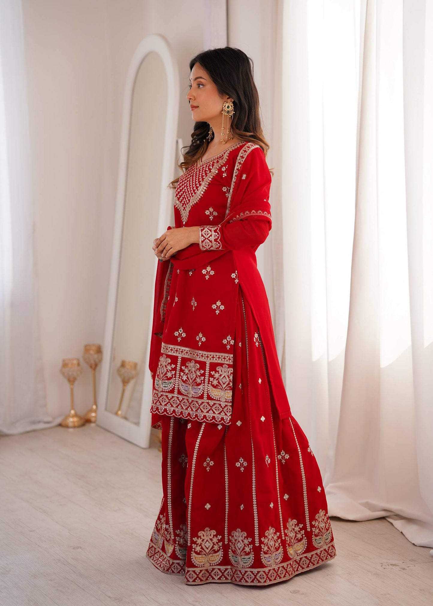 Arti Chauhan Wear Red Color Sequence Embroidered Sharara Suit With Dupatta