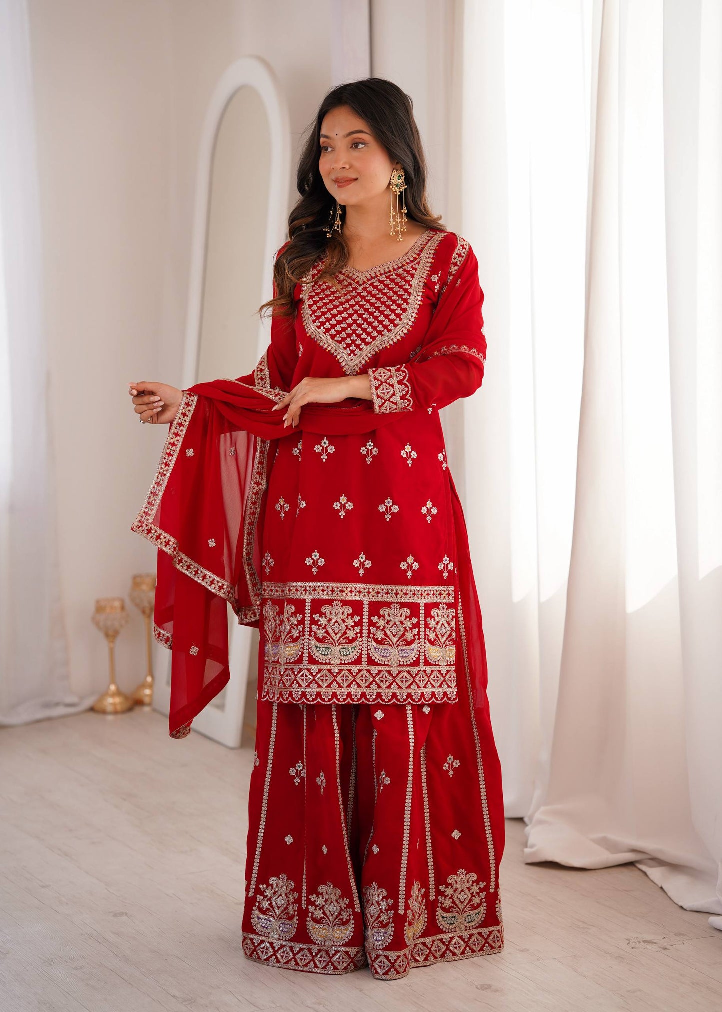 Arti Chauhan Wear Red Color Sequence Embroidered Sharara Suit With Dupatta