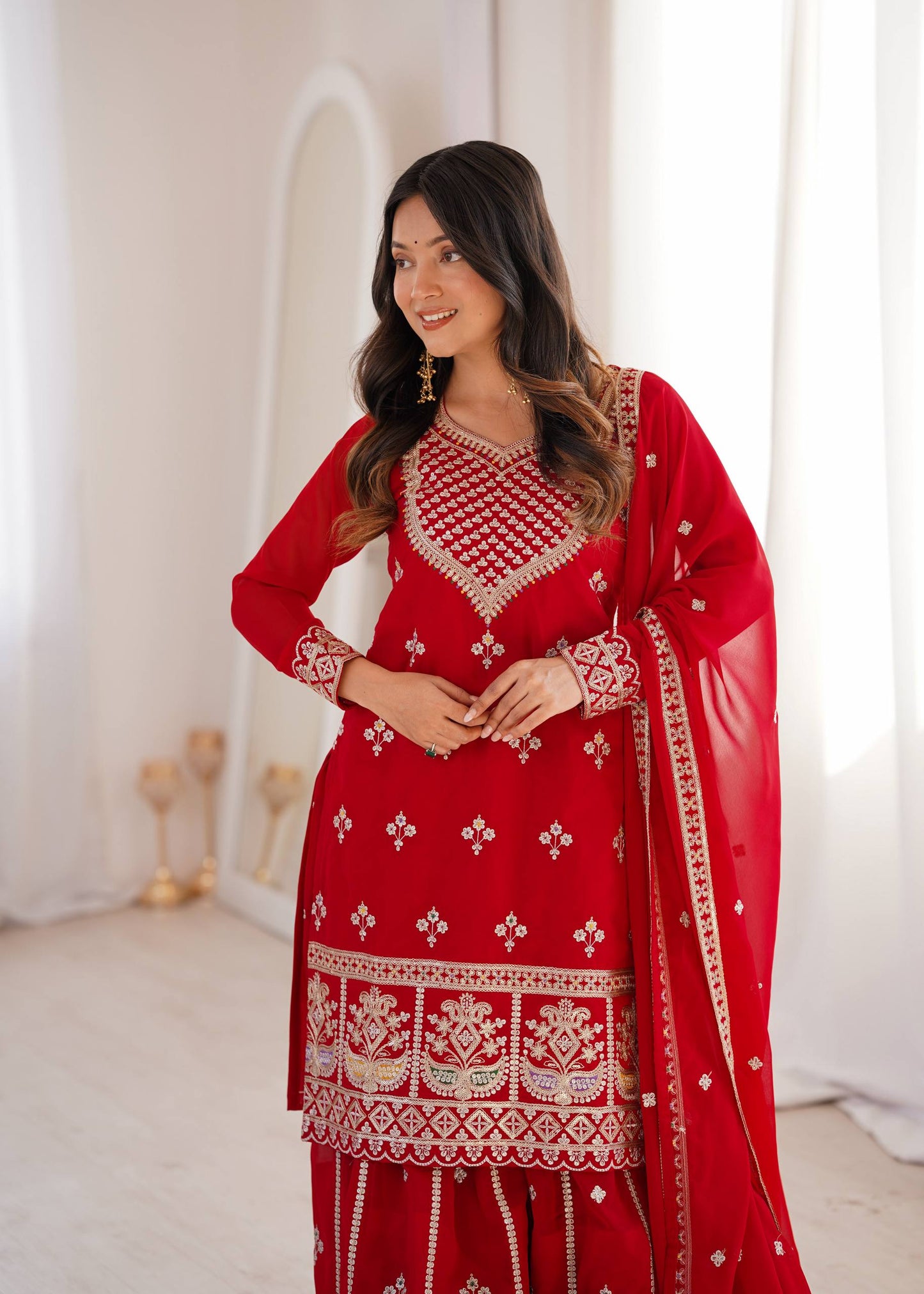 Arti Chauhan Wear Red Color Sequence Embroidered Sharara Suit With Dupatta