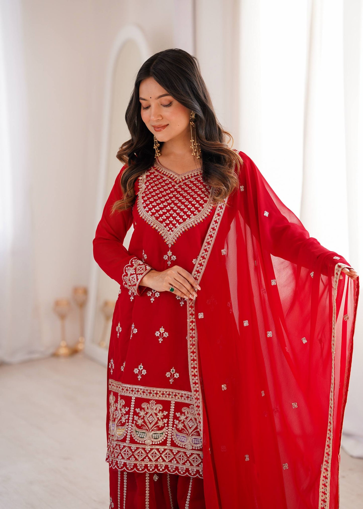 Arti Chauhan Wear Red Color Sequence Embroidered Sharara Suit With Dupatta