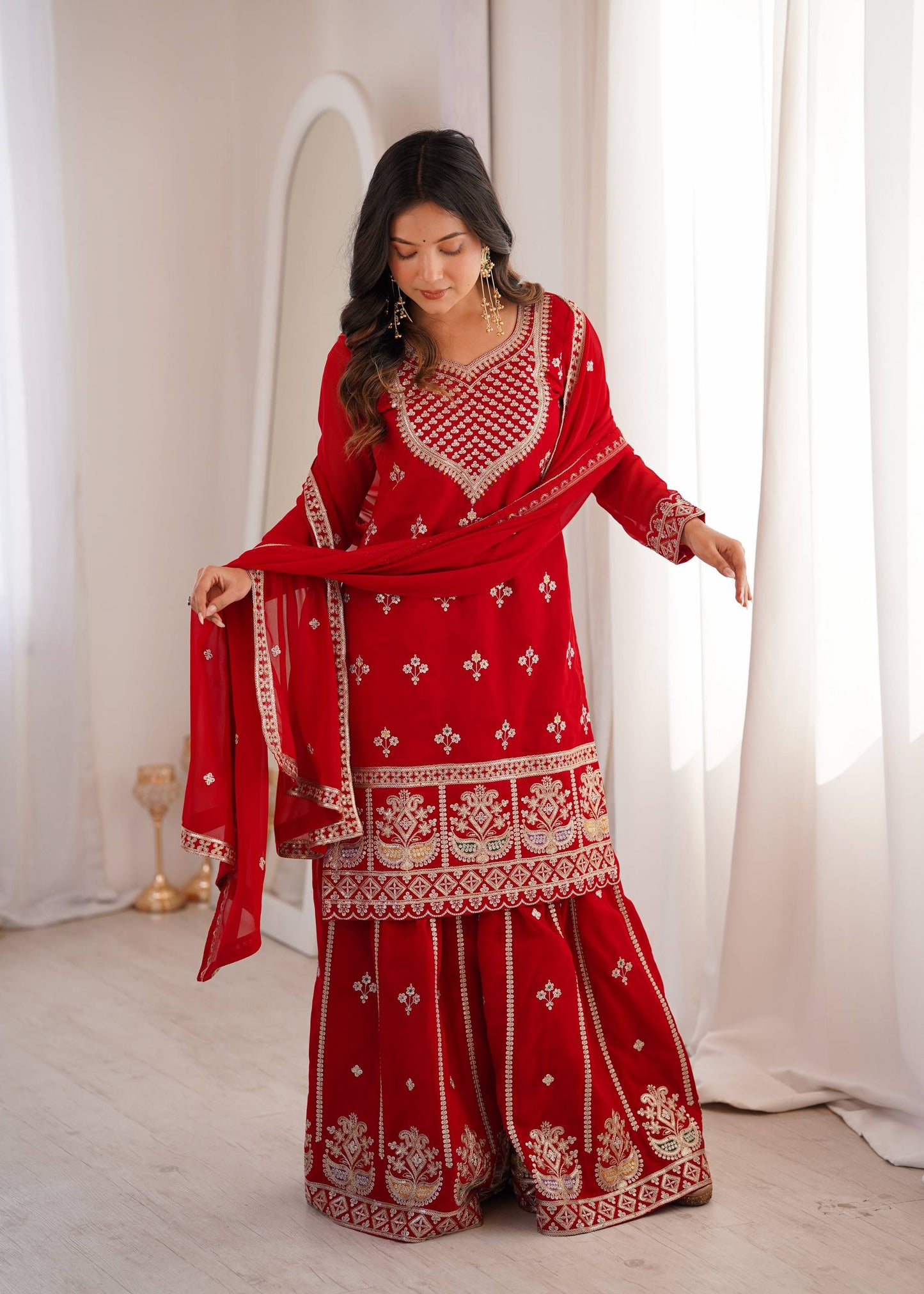 Arti Chauhan Wear Red Color Sequence Embroidered Sharara Suit With Dupatta