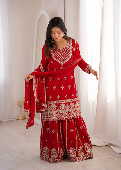 Arti Chauhan Wear Red Color Sequence Embroidered Sharara Suit With Dupatta