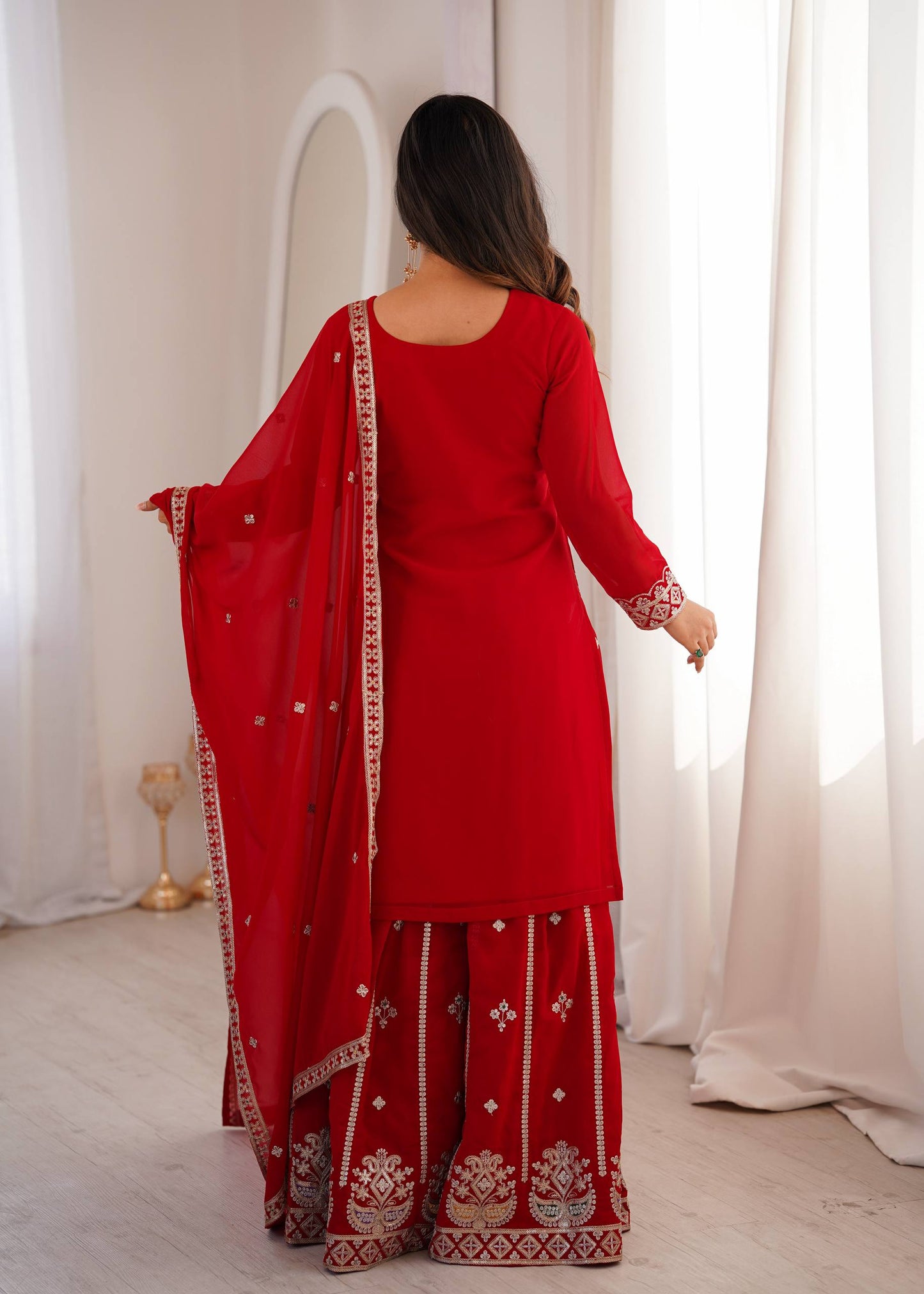 Arti Chauhan Wear Red Color Sequence Embroidered Sharara Suit With Dupatta