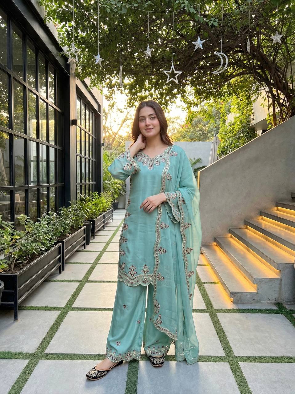 Gorgeous Sky Blue Color Sequence Embroidered Palazoo Suit With Dupatta