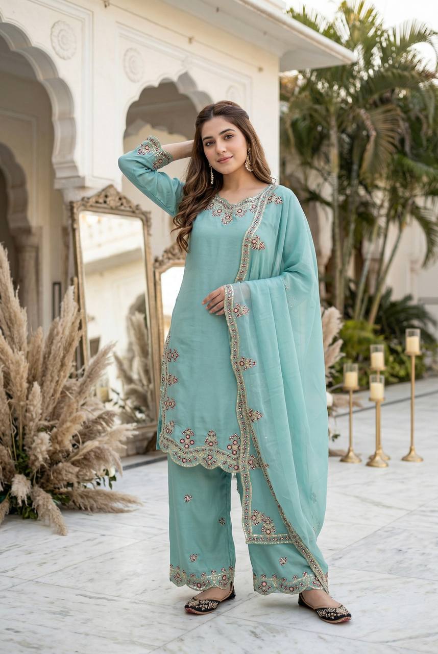 Gorgeous Sky Blue Color Sequence Embroidered Palazoo Suit With Dupatta