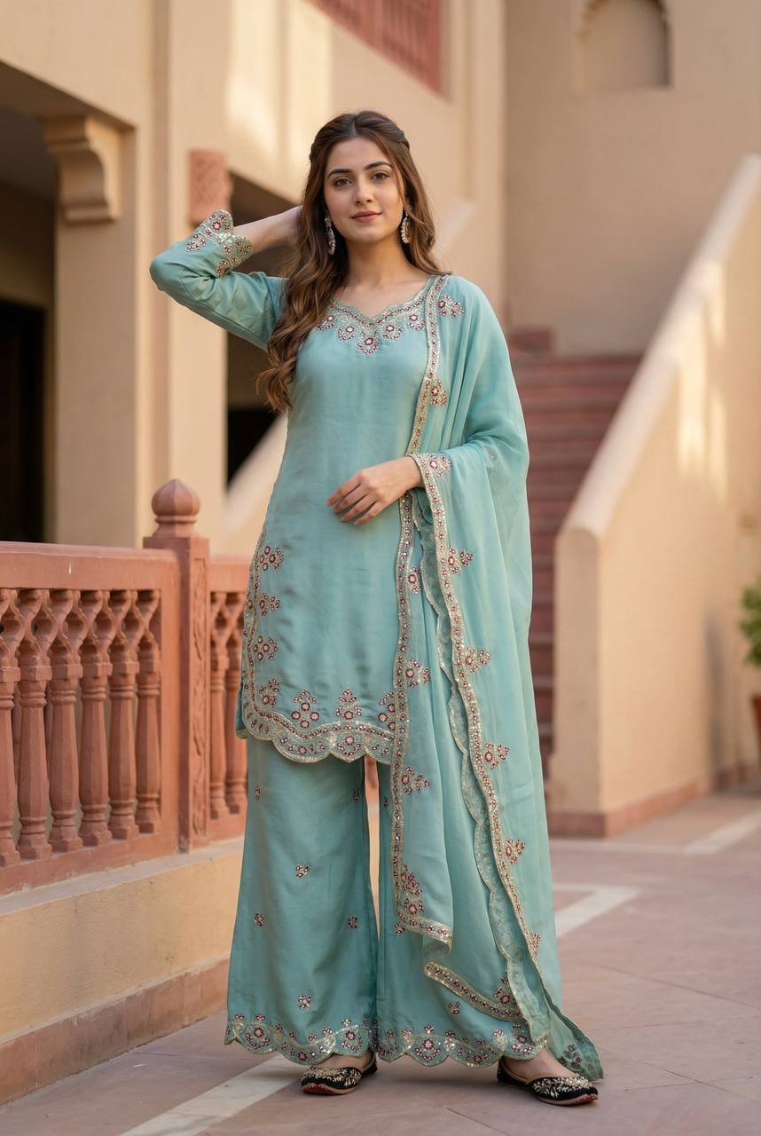Gorgeous Sky Blue Color Sequence Embroidered Palazoo Suit With Dupatta