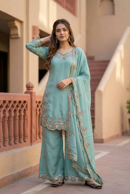 Gorgeous Sky Blue Color Sequence Embroidered Palazoo Suit With Dupatta