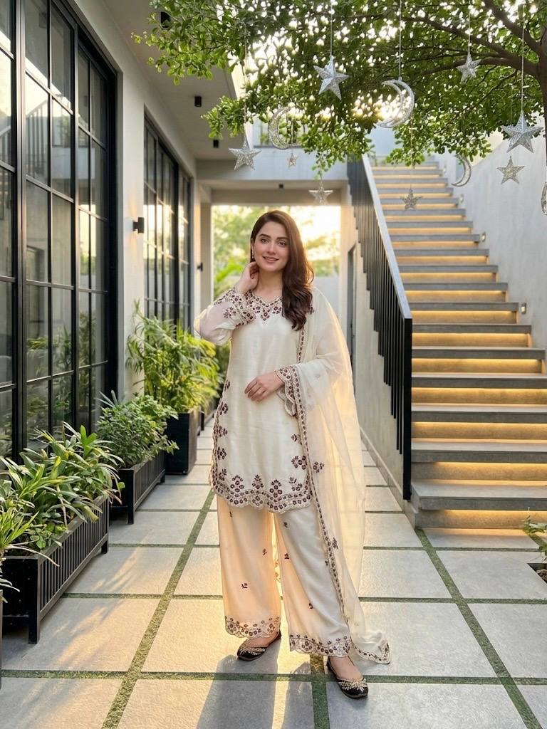 Alluring Cream Color Sequence Embroidered Palazoo Suit With Dupatta