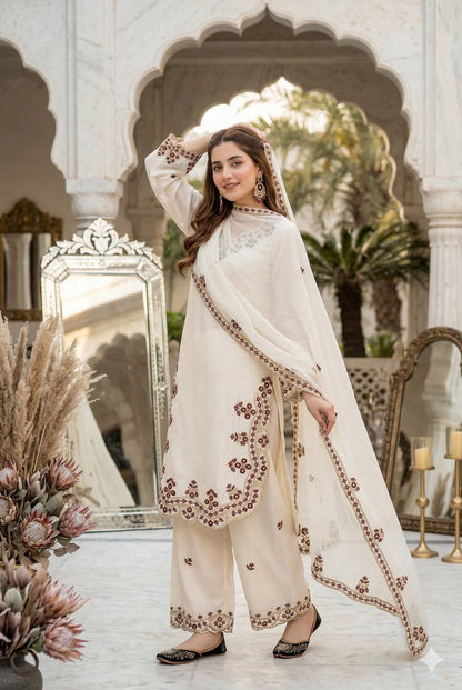 Alluring Cream Color Sequence Embroidered Palazoo Suit With Dupatta