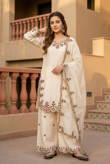 Alluring Cream Color Sequence Embroidered Palazoo Suit With Dupatta