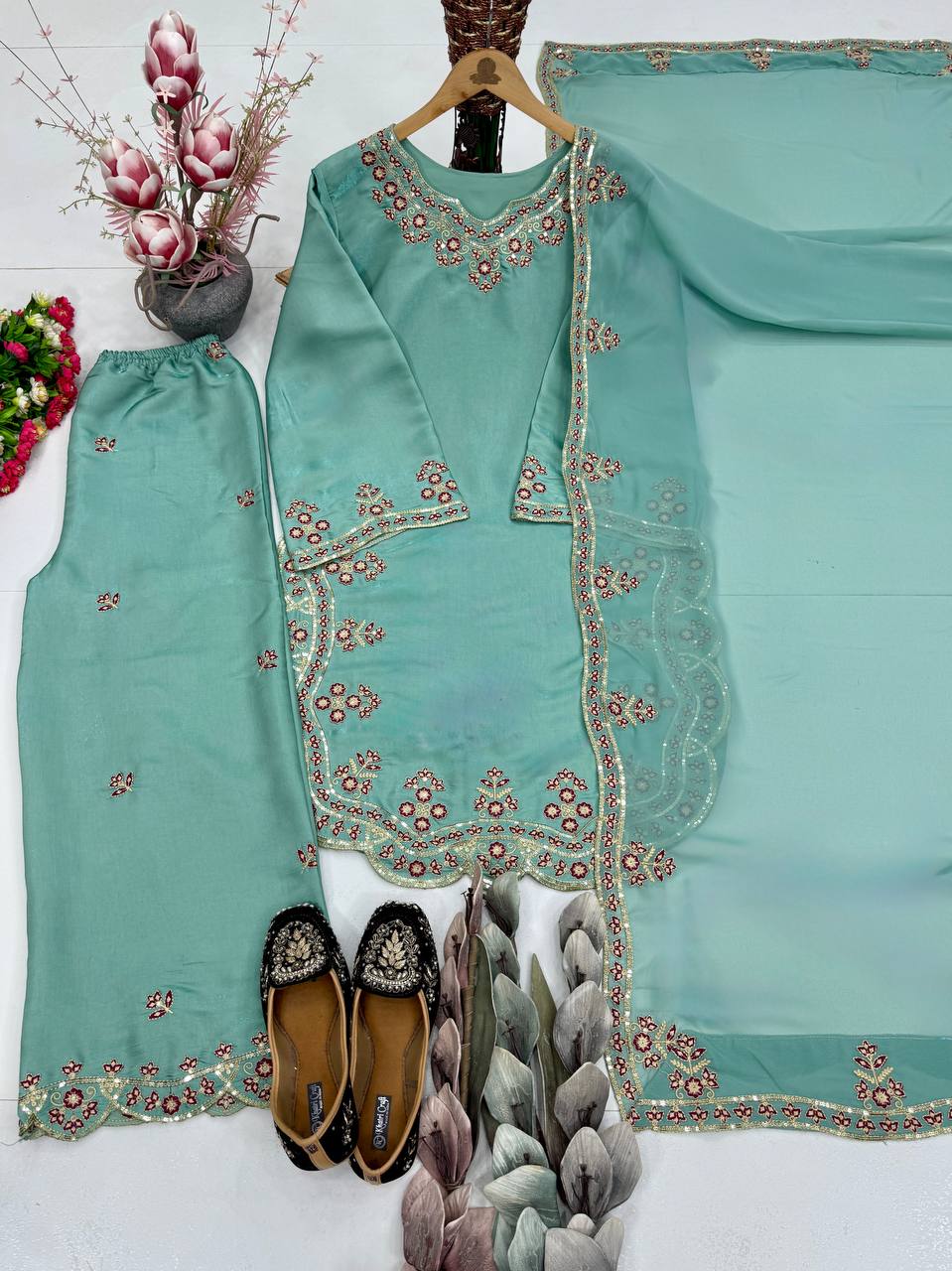 Gorgeous Sky Blue Color Sequence Embroidered Palazoo Suit With Dupatta