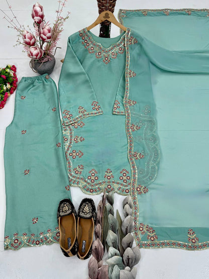 Gorgeous Sky Blue Color Sequence Embroidered Palazoo Suit With Dupatta