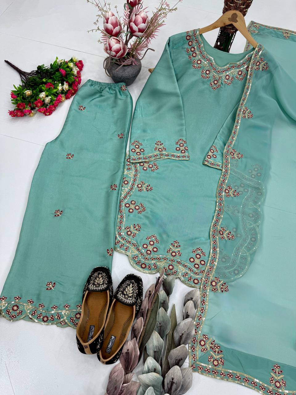 Gorgeous Sky Blue Color Sequence Embroidered Palazoo Suit With Dupatta