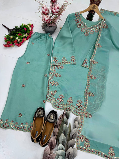 Gorgeous Sky Blue Color Sequence Embroidered Palazoo Suit With Dupatta