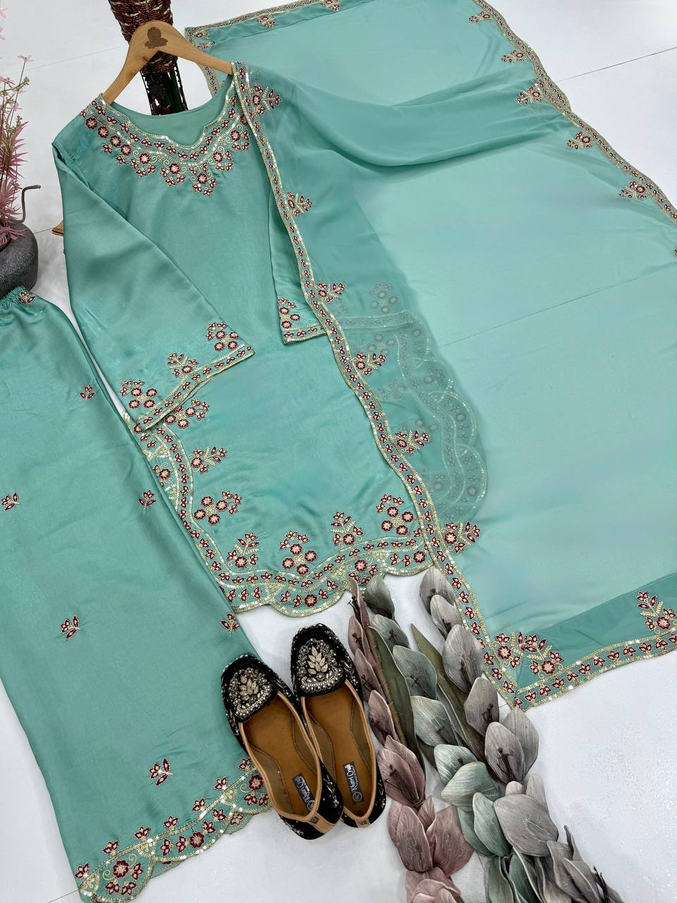 Gorgeous Sky Blue Color Sequence Embroidered Palazoo Suit With Dupatta