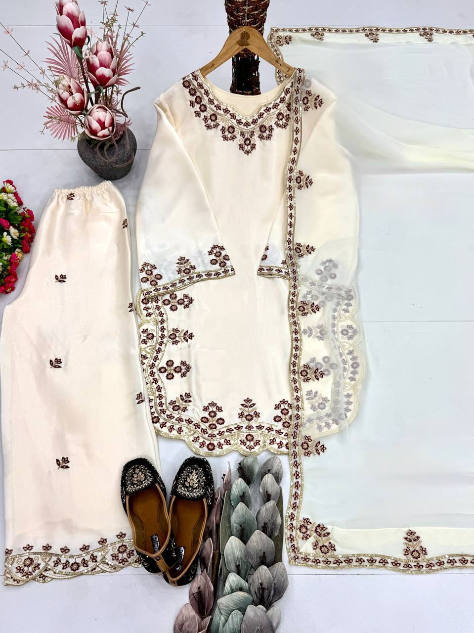 Alluring Cream Color Sequence Embroidered Palazoo Suit With Dupatta
