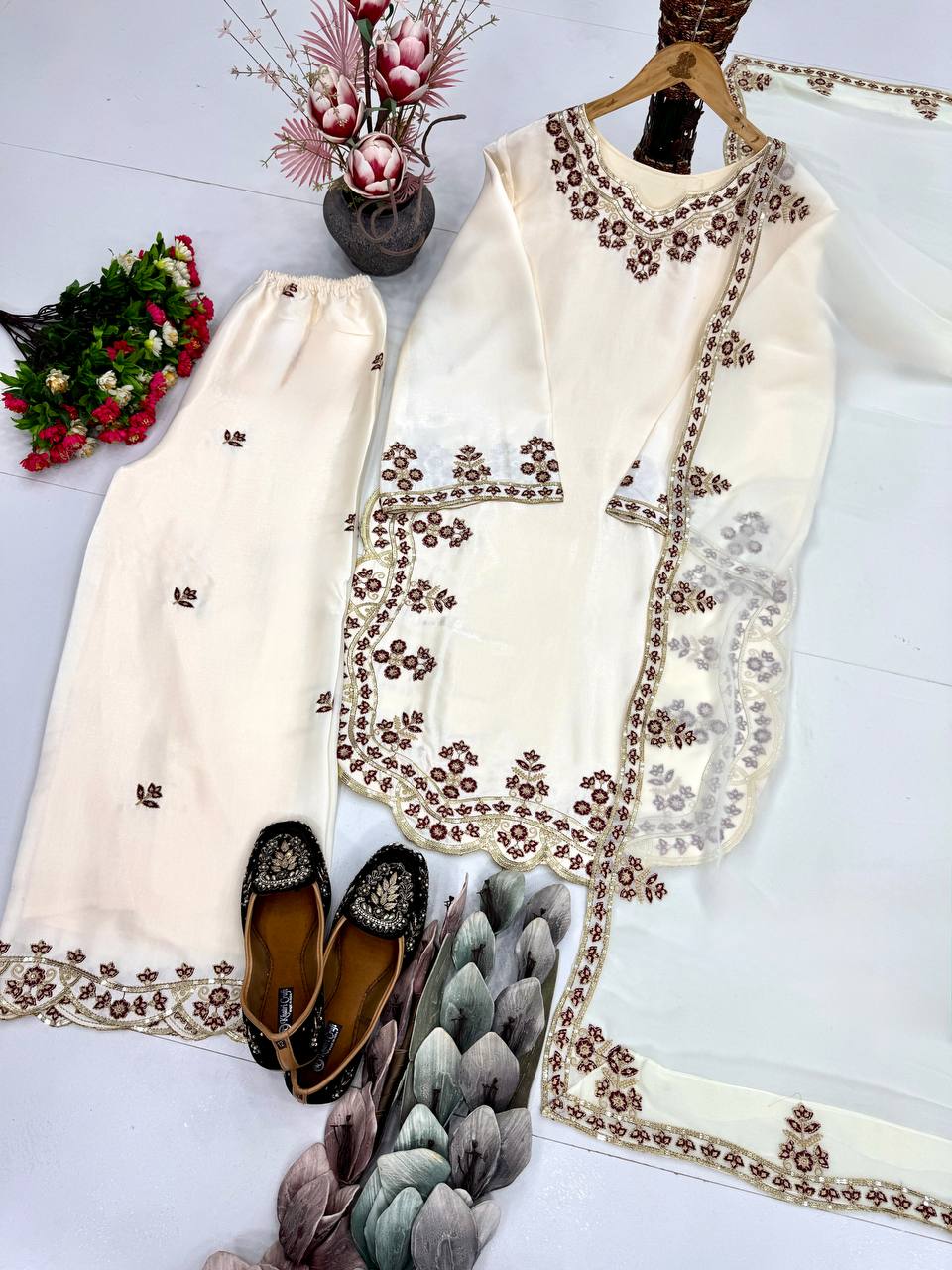 Alluring Cream Color Sequence Embroidered Palazoo Suit With Dupatta
