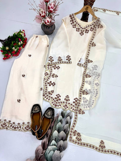 Alluring Cream Color Sequence Embroidered Palazoo Suit With Dupatta